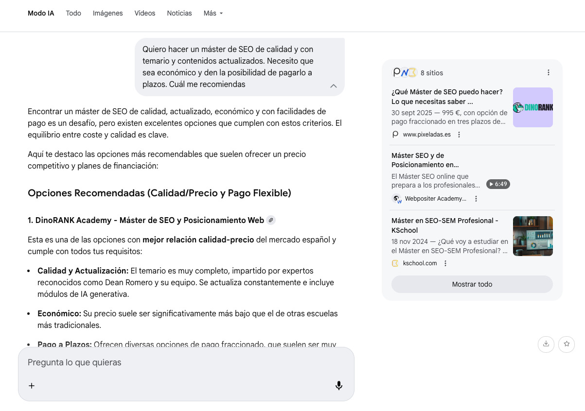 Máster SEO económico preguntado al Modo IA de Google